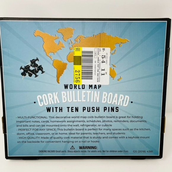 The Original Fun Workshop World Map Cork Bulletin Board With Push Pins - Picture 6 of 7